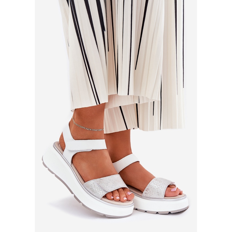 S.Barski Női bőr szandál platform és tépőzáras ékek S. Barski LR51-543 Ezüst 1