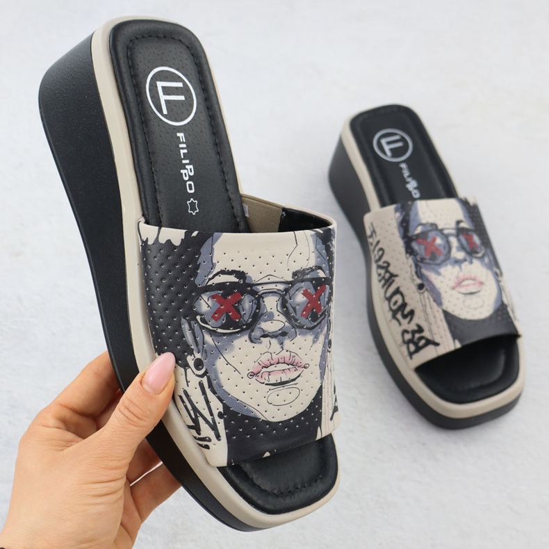 Női bőr papucs nyomtatott bézs filippo dk6158 1