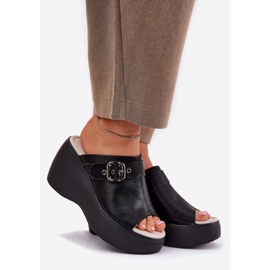 S.Barski Női bőr papucs flopok a peronon és ék a csatkal S. Barski LR51-542 fekete 1