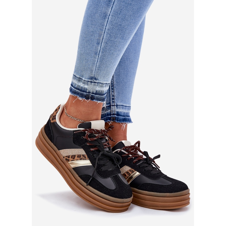 Inna Női cipők a platformon, dupla kötéssel fekete leopárd nyomtatás 1