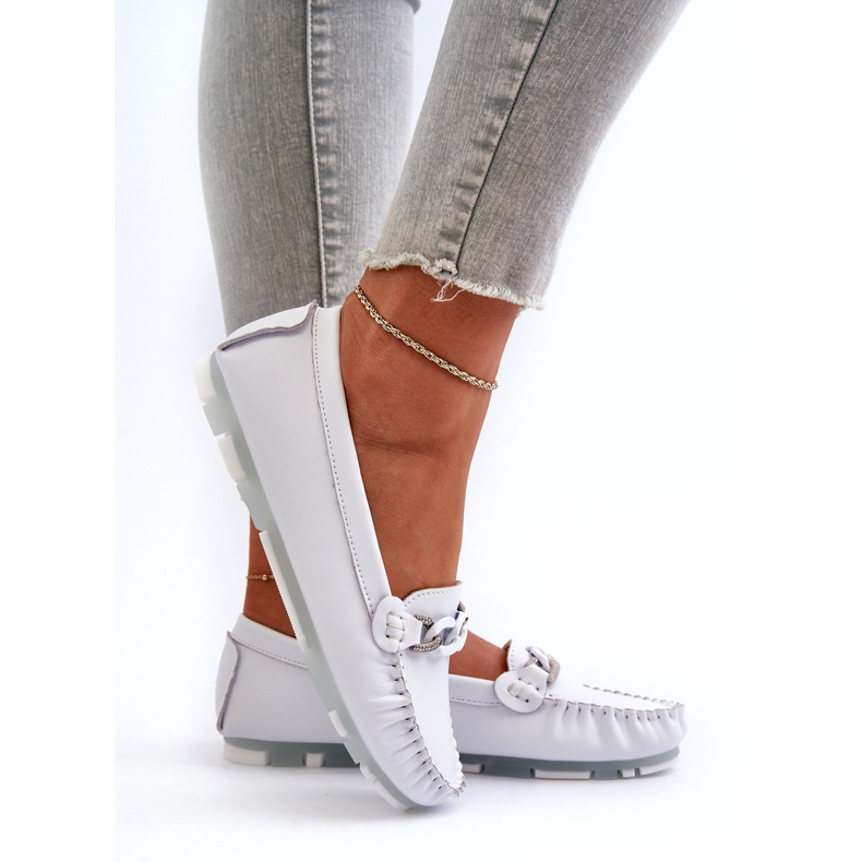 Női bőr mokaszin díszítéssel, fehér S.Barski LR339 3