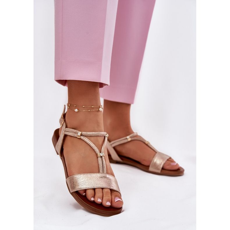 S.Barski Női lapos szandál csíkokkal S. Barski Kv51-120 rózsaszín arany aranysárga 2