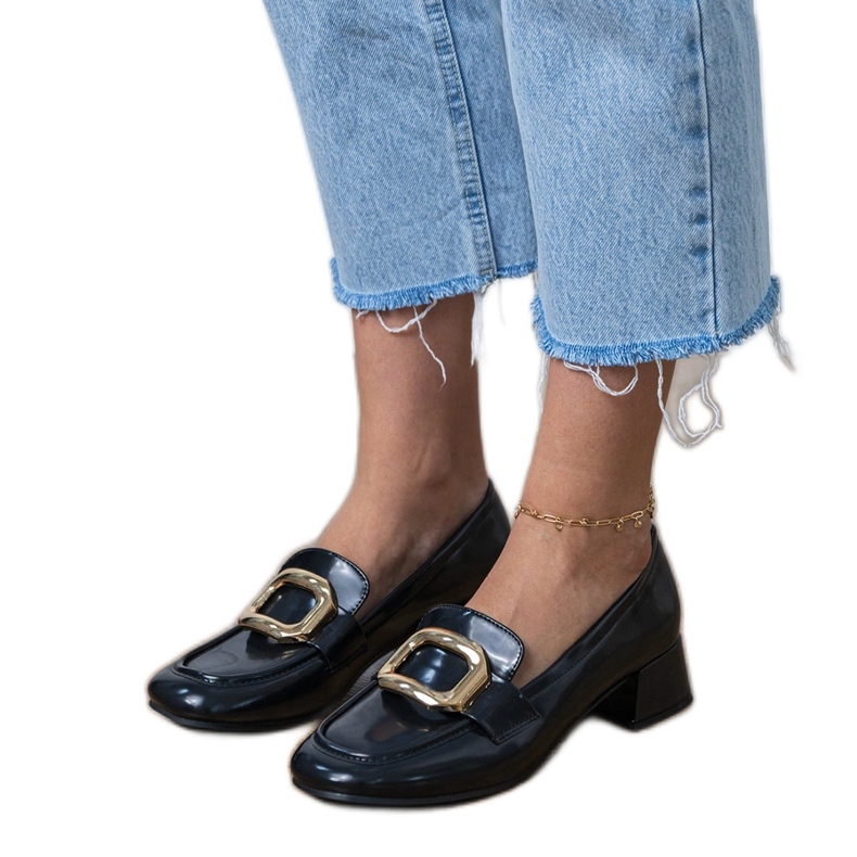 Fekete nők alacsony, káprázatú cipője arany dekorációval 1