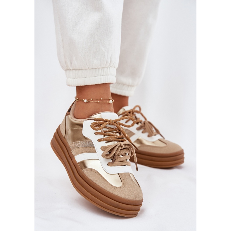 Női cipők a platformon dupla kötő leopárd leopárdjával aranysárga 2