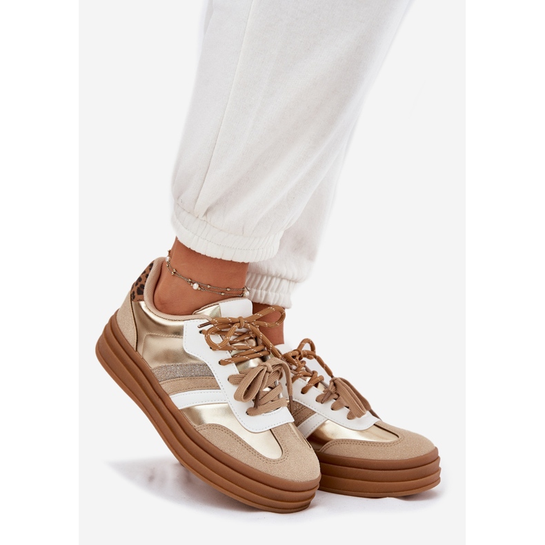 Női cipők a platformon dupla kötő leopárd leopárdjával aranysárga 1