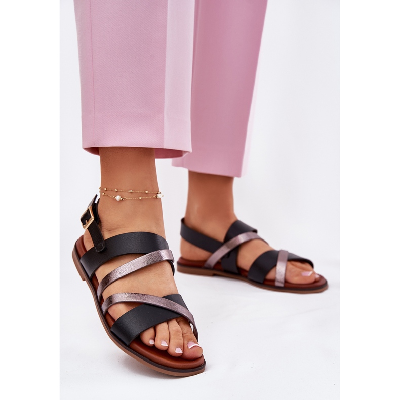 Lapos, feeled női szandál Sergio Leone SK086H csíkokkal fekete 2