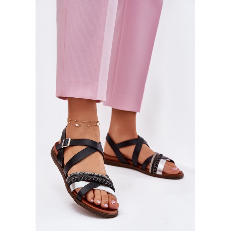 Női lapos szandál Sergio Leone SK087H csíkokkal fekete 2