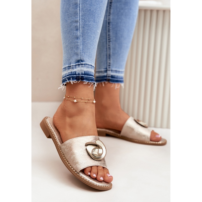 S.Barski Lapos sarkú női papucs dekoratív KV51-007 Zloty részletekkel aranysárga 2