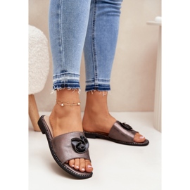 S.Barski Lapos sarkú női papucs dekoratív KV51-007 grafit részletekkel ezüst 2