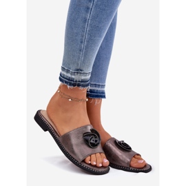 S.Barski Lapos sarkú női papucs dekoratív KV51-007 grafit részletekkel ezüst 1