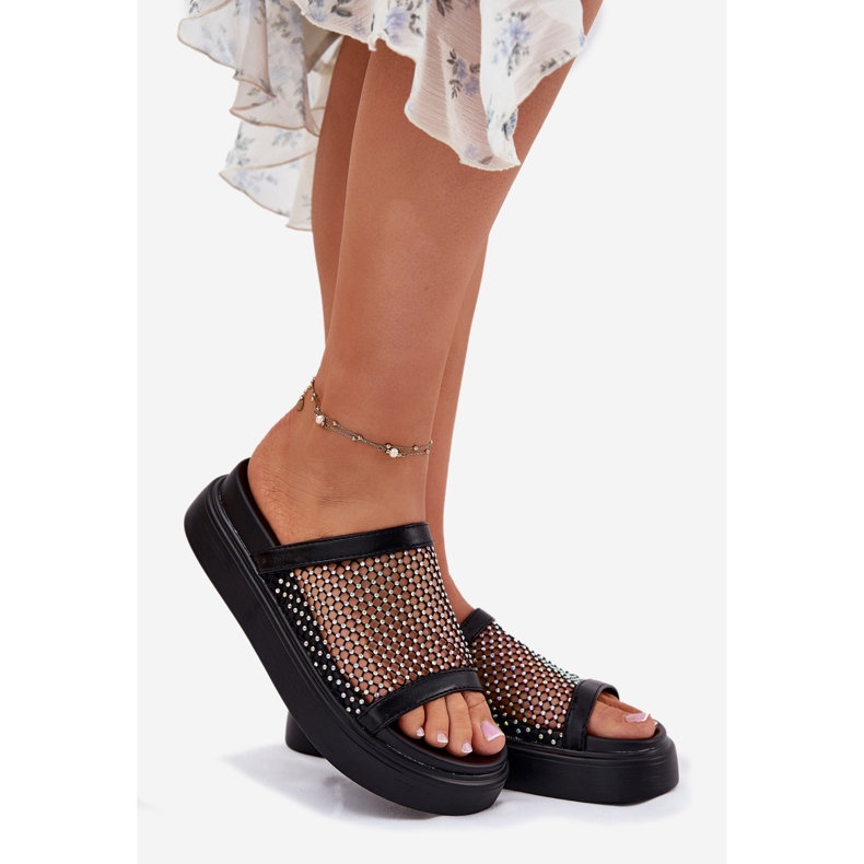 S.Barski Díszített női papucsok a platformon Mesh S. Barski My51-016 fekete 1