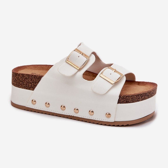 Női papucs flopok csatokkal egy hatalmas platformon fehér 1