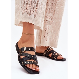 Díszített női, lapos nőstény papucs csíkokkal és fekete bilincsekkel 2