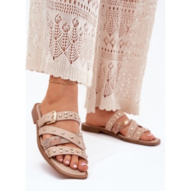 Díszített női, lapos nőstény papucs csíkokkal és bézs bilincsekkel 2