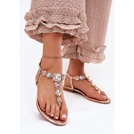 Lapos, rágcsált női szandál kristályokkal rózsaszín arany aranysárga 2