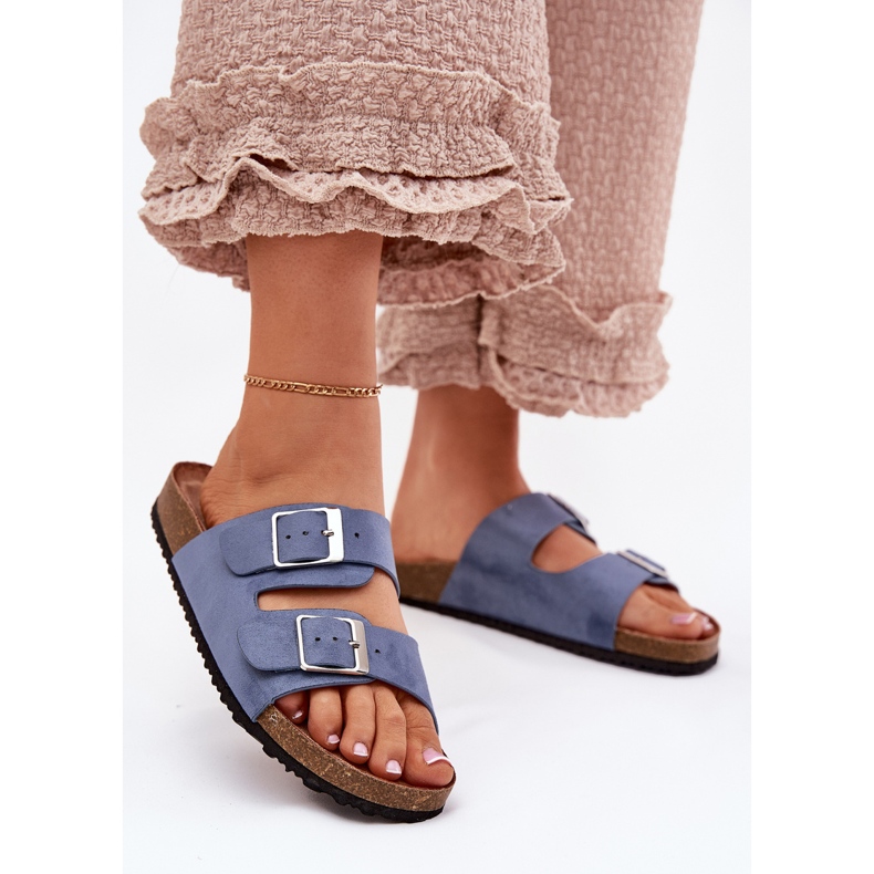 Női papucs a parafa platformon kék csat 2