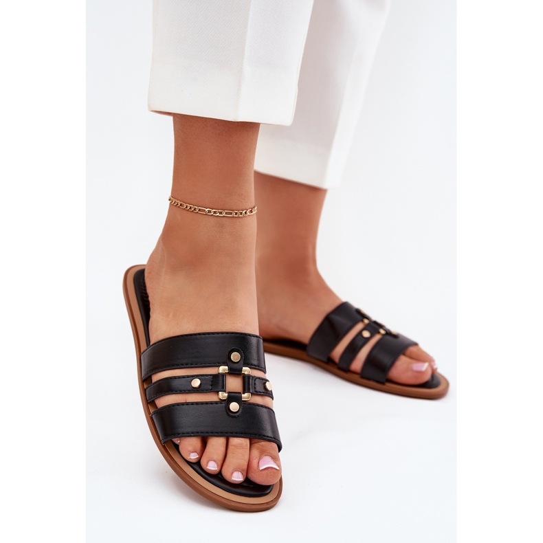 Lapos női papucs arany részletekkel fekete 2 Lapos női papucs arany részletekkel fekete 2