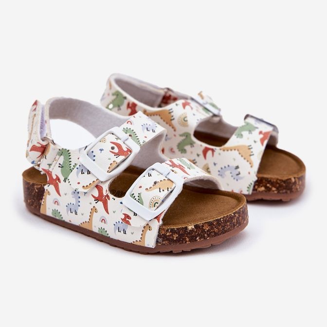 Gyerekek szandál egy parafa talpon, csatokkal dinoszauruszok multicolor fehér 1