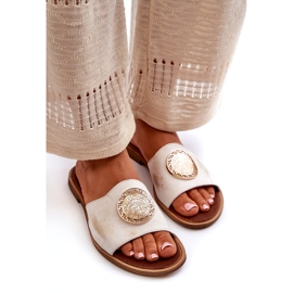 Zazoo 2938 Bőr papucsok lapos sarkon, arany díszítéssel, szálcsiszolt fehér 3