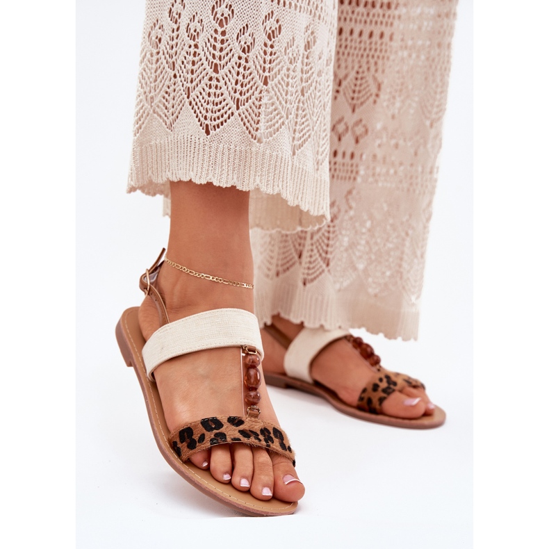 Lapos női szandál gyöngyökkel barna leopárd nyomtatás 2