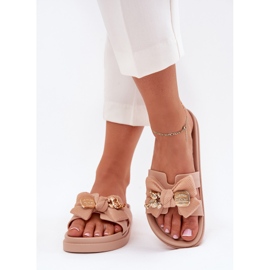 Női papucs íj és arany bross bézs 2