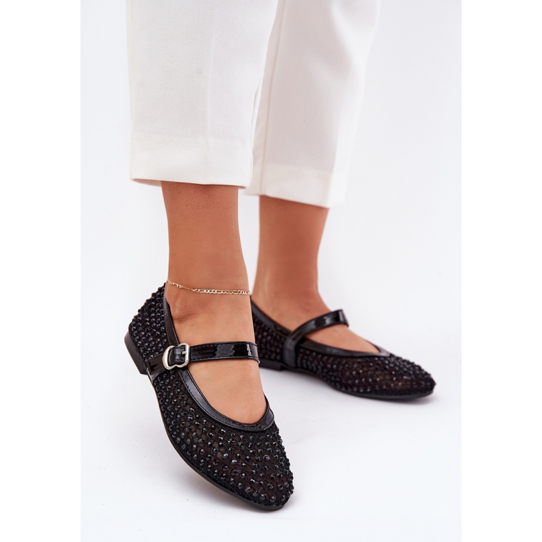 Díszített női balerinák övvel és bilincs fekete 2