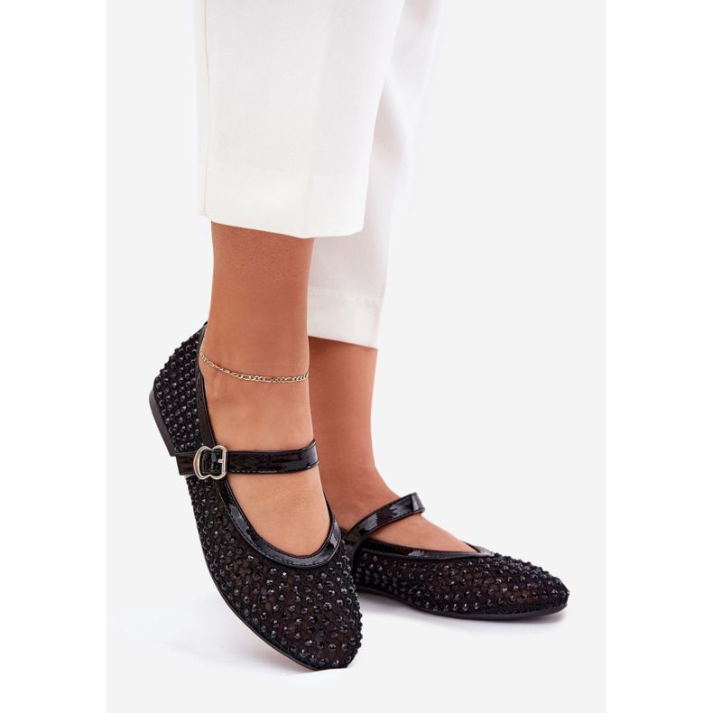 Díszített női balerinák övvel és bilincs fekete 1
