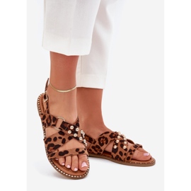 Boto Lapos fásztás női szandál aranycsapokkal leopárd nyomtatás barna 1