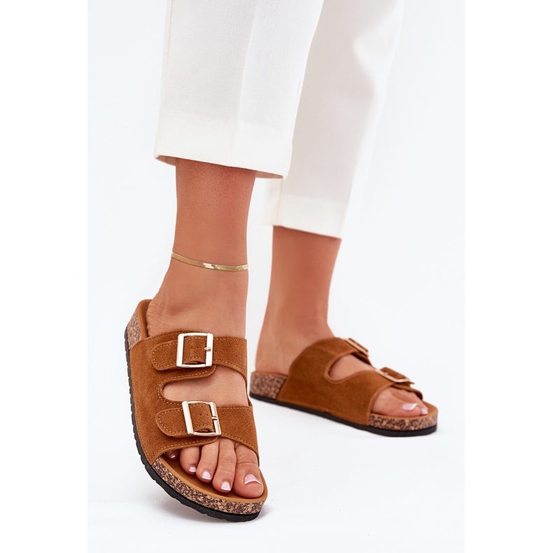 Boto Női papucs arany bilincsekkel és teves luner varrás barna 2