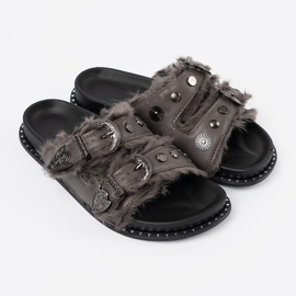 Shelvt Szürke papucs szőrme és csapokkal 2 Shelvt Szürke papucs szőrme és csapokkal 2