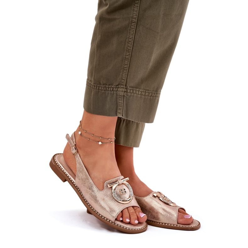 Elegáns női szandál lapos sarkú dekorációval S.Barski KV51-003 PINK GOLD aranysárga 1