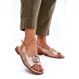 Elegáns női szandál lapos sarkú dekorációval S.Barski KV51-003 PINK GOLD aranysárga 2