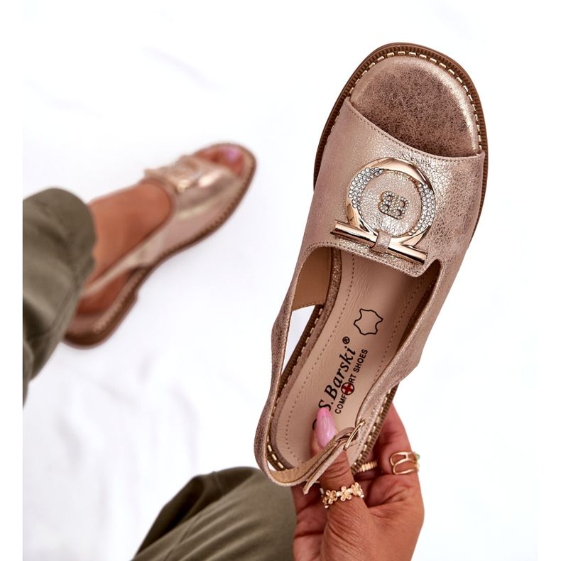 Elegáns női szandál lapos sarkú dekorációval S.Barski KV51-003 PINK GOLD aranysárga 5