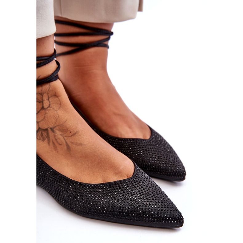 Fekete Jange szegecsekkel díszített, fűzős női balerinák 3