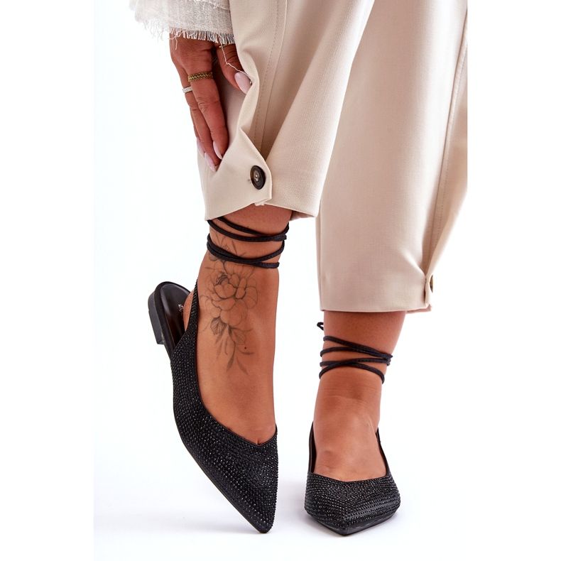 Fekete Jange szegecsekkel díszített, fűzős női balerinák 4