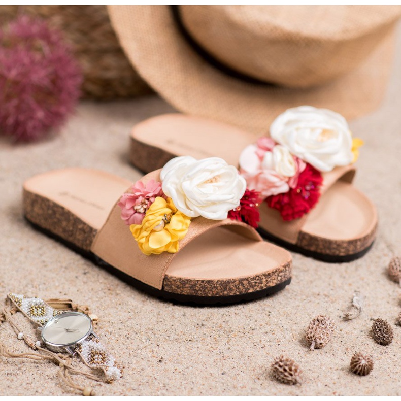 SHELOVET Velúr papucs virágokkal barna 2