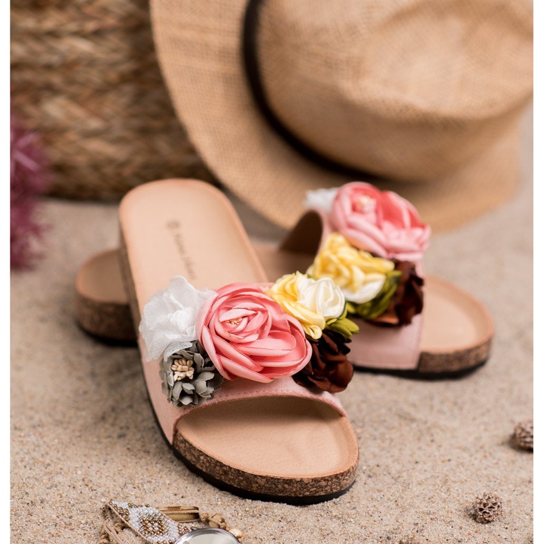 SHELOVET Velúr papucs virágokkal rózsaszín 1