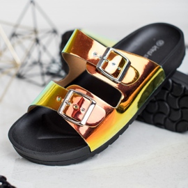 Ideal Shoes Holo csatos papucs sárga 2