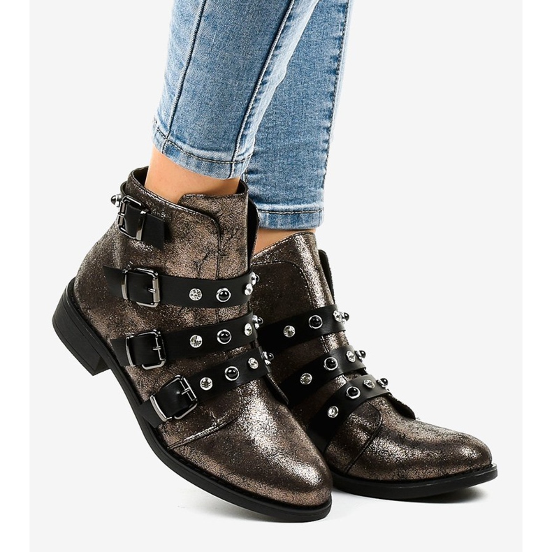 Khaki színű női bokacsizma lapos csatokkal HQ2366 sokszínű zöld 2