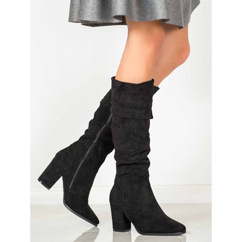 SHELOVET Velúr magas sarkú csizma fekete 1