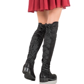 Forever Folie Velúr combig érő csizma kötéssel fekete 2