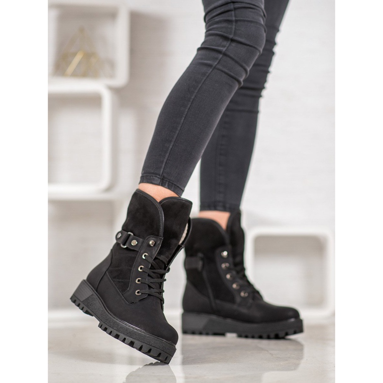 SHELOVET Fűzős csizma báránybőrrel fekete 2