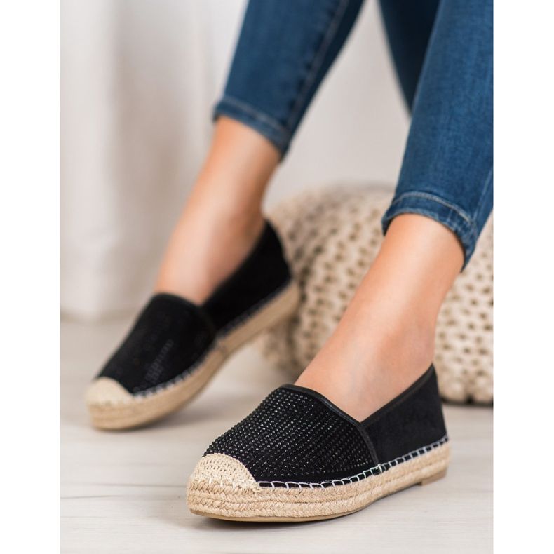 Best Shoes Fekete espadrillák kristályokkal sárga 1 Best Shoes Fekete espadrillák kristályokkal sárga 1