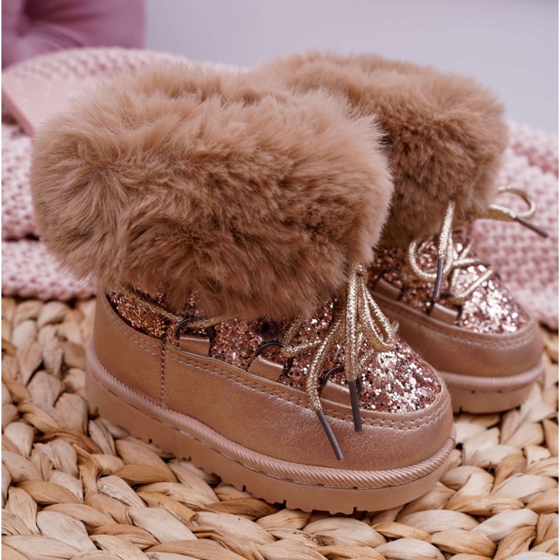 FRROCK Meleg gyermek hócsizma pezsgő kristály róka bundával rózsaszín sárga 2