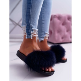 Női papucs natúr szőrmével Naturis Navy Blue sötétkék 1