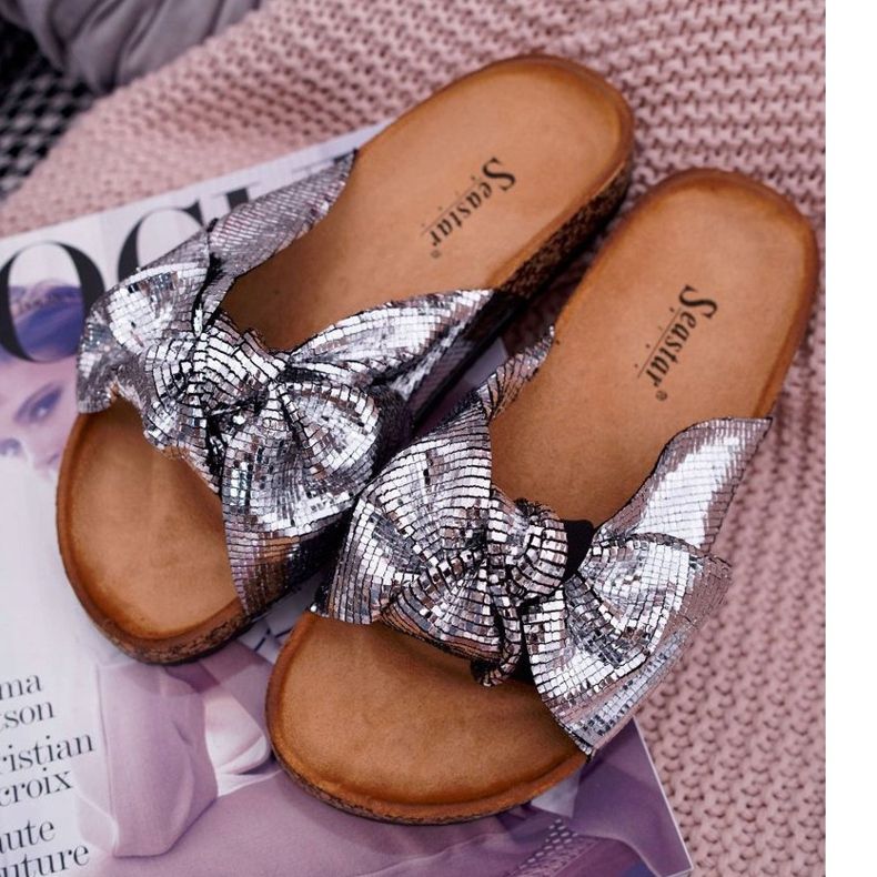 PS1 Női papucs ezüst metál íjjal szürke 1