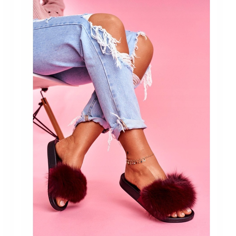 Női papucs természetes szőrmével, sötétvörös naturissal piros 1