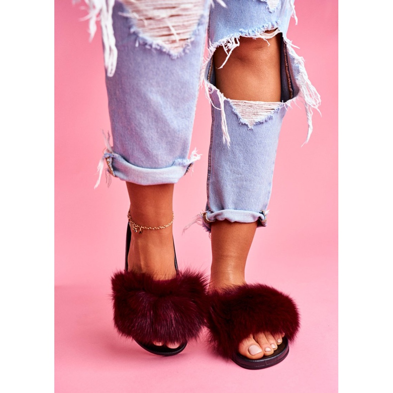 Női papucs természetes szőrmével, sötétvörös naturissal piros 2