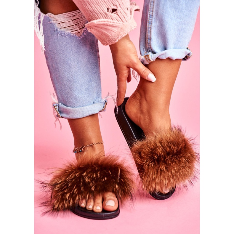 Női papucs természetes szőrmés barna naturissal 2