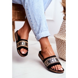 EVE Női fekete papucs a parafán BeNice arany strassz sárga 2